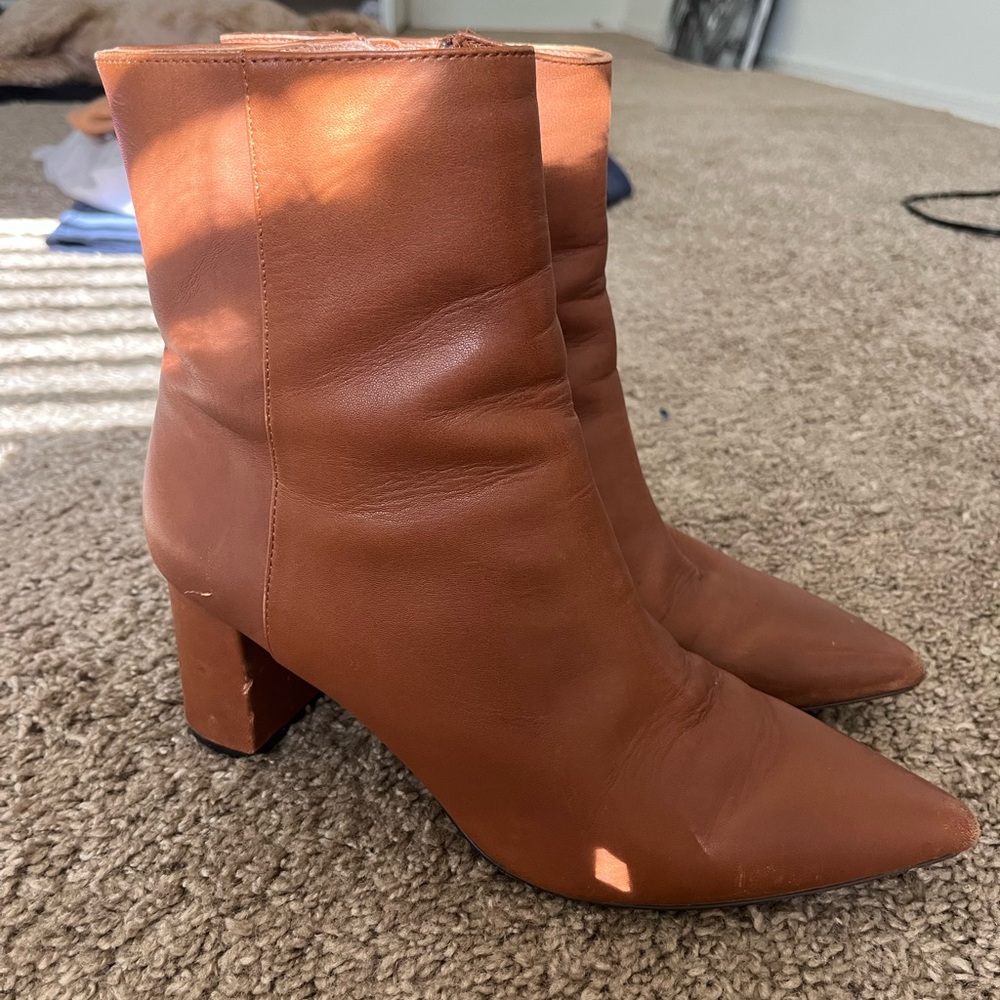 J. Crew Cognac Brown Leather Pointed Toe Block Heel Booties